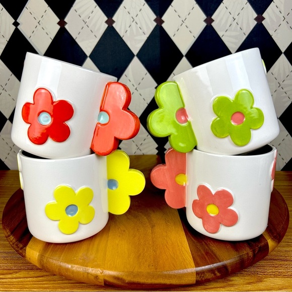 Flower Ceramic Mugs Set Retro Pop Art Bright Color Handles - Picture 3 of 10
